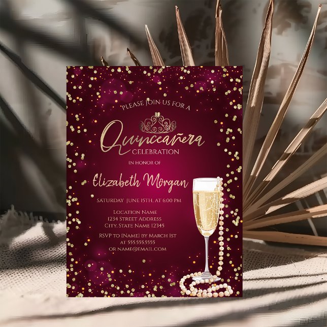 Convite Pérolas Ouros Prosecco BurgundyQuinceañera (Criador carregado)