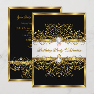 Convite Pérolas Preto Branco Dourado Festa de Aniversário