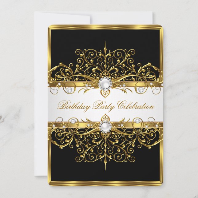 Convite Pérolas Preto Branco Dourado Festa de Aniversário  (Frente)