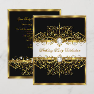 Convite Pérolas Preto Branco Dourado Festa de Aniversário