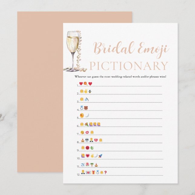Convite Pérolas & Prosecco Chá de Noiva Emoji Pictionary (Frente/Verso)