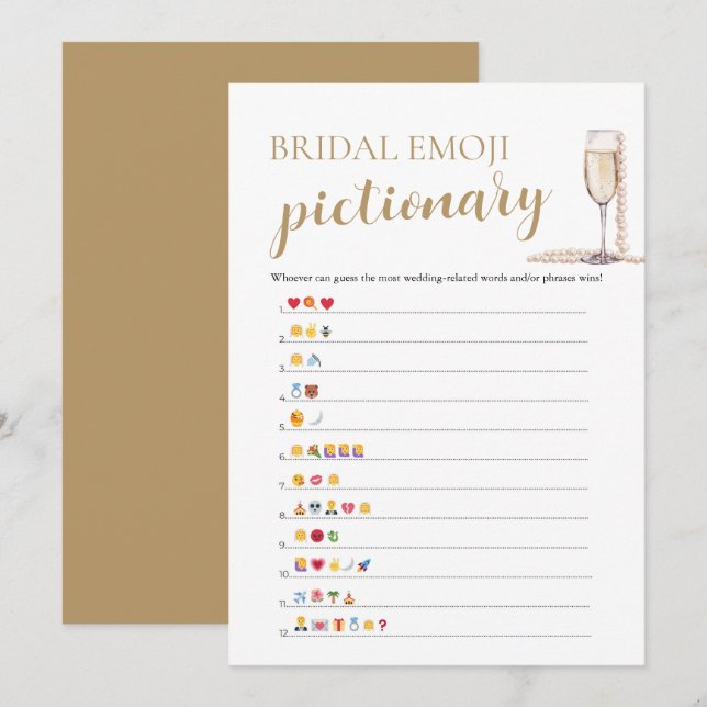 Convite Pérolas & Prosecco Chá de Noiva Emoji Pictionary (Frente/Verso)