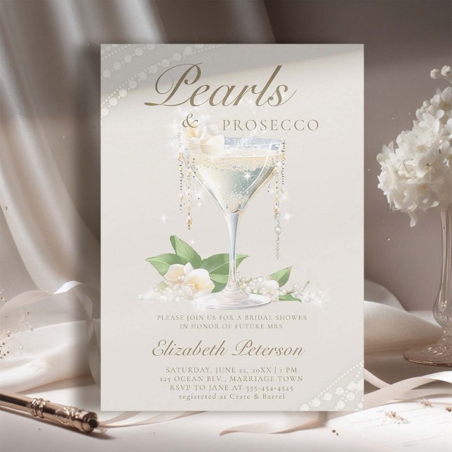 Convite Pérolas Prosecco Chá de panela de marfim (pearls prosecco petals bridal shower invitation brunch template card champagne watercolor ivory)