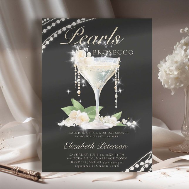Convite Pérolas Prosecco Chá de panela Elegante Preto (pearls prosecco petals bridal shower invitation brunch template card champagne watercolor black)
