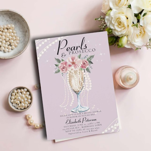 Convite Pérolas Prosecco Chá de panela Lilac Brunch (pearls and prosecco bridal shower invitation brunch bubbly champagne garden outdoors modern lilac)