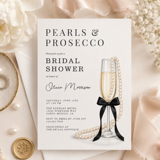 Convite Pérolas & Prosecco Coquette de Laço Preto Chá de N (Criador carregado)