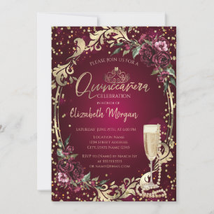 Convite Pérolas Prosecco Diamante Rosas Borgonha Quinze An