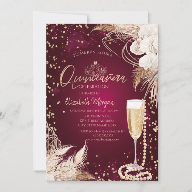 Convite Pérolas Prosecco Diamantes Boho Flores Quinceañera (Frente)