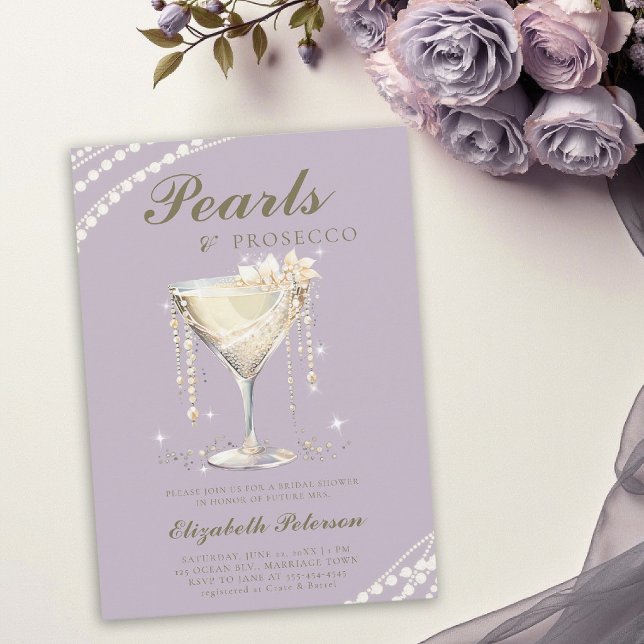 Convite Pérolas Prosecco Lilás Dourado Chá de Noiva Elegan (brunch bridal shower ideas pearls and prosecco lavender purple sparkling cup elegant invitation)