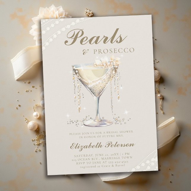 Convite Pérolas Prosecco Marfim Chá de Noiva Elegante Brun (pearls and prosecco bridal shower theme invitation card ecru ivory gold elegant modern chic)
