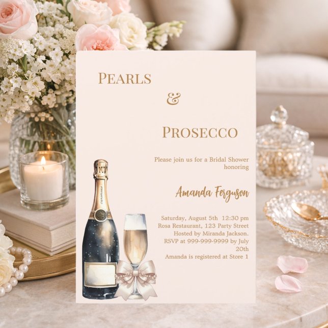 Convite Pérolas Prosecco marfim rosa laço Chuveiro de Noiv (Criador carregado)