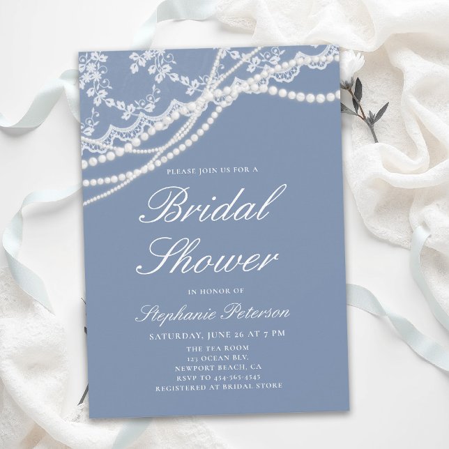 Convite Pérolas Renda Algo Azul Elegante Chá de Noiva (lace bridal shower ideas white pearls something blue modern classic traditional elegant invitation)