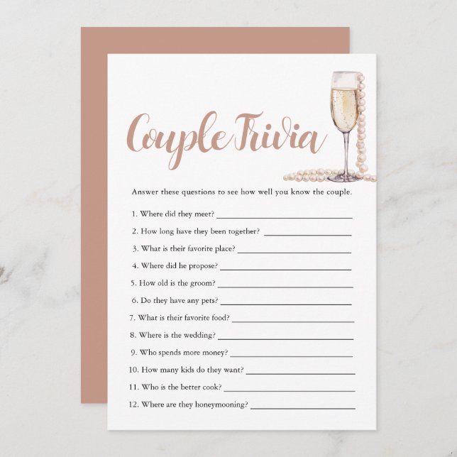 Convite Pérolas Rosa e Casal Prosecco - Jogo Bridal Trivia (Frente/Verso)