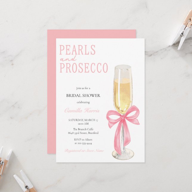 Convite Pérolas rosa e Chá de panela mínimo do Prosecco (Frente/Verso In Situ)