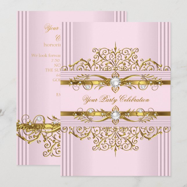 Convite Pérolas Rosas em Ouro Branco Festa de Aniversário  (Frente/Verso)