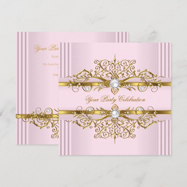 Convite Pérolas Rosas em Ouro Branco Festa de Aniversário  (Frente/Verso)