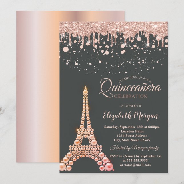 Convite Pérolas Torre Eiffel, Gotas Pontos Quinceañera (Frente/Verso)