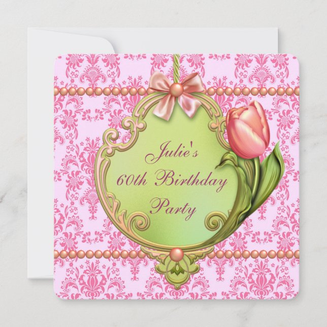Convite Pérolas Tulipas Rosa Damáscaras Qualquer Número (Frente)