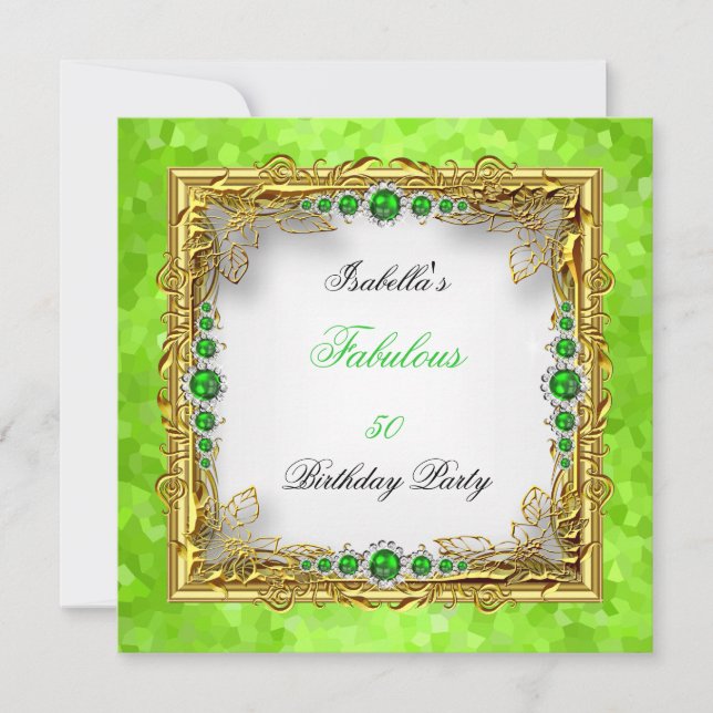 Convite Pérolas Verde Lima Dourado Branco Festa de Anivers (Frente)