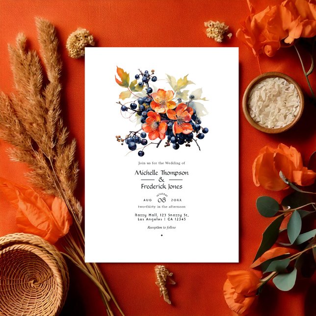 Convite Persimmon e Marinho Floral Wedding (Persimmon and Navy Floral Wedding Invitation)