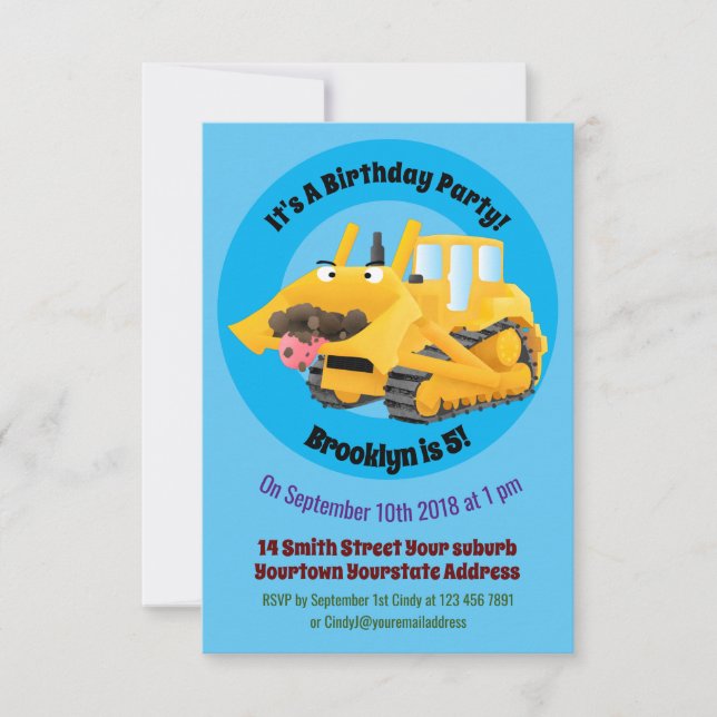 Convite Personagem de desenho animado de bulldozer amarelo (Frente)