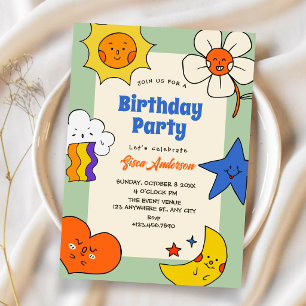 Convite Personagens divertidos de doodles de aniversário