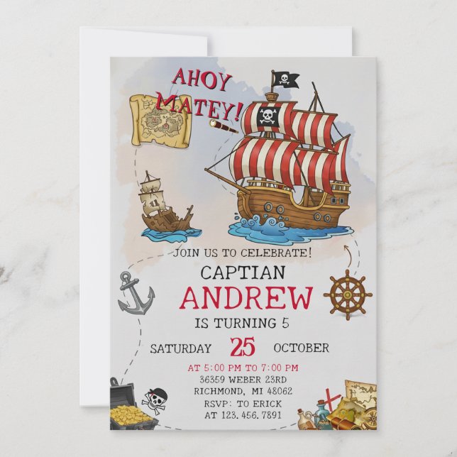 Convite Personal Ahoy Mateys Pirate Ship Birthday Party (Frente)