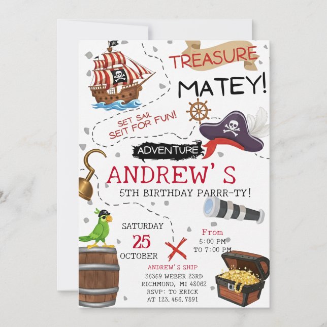 Convite Personal Ahoy Mateys Pirate Ship Birthday Party (Frente)