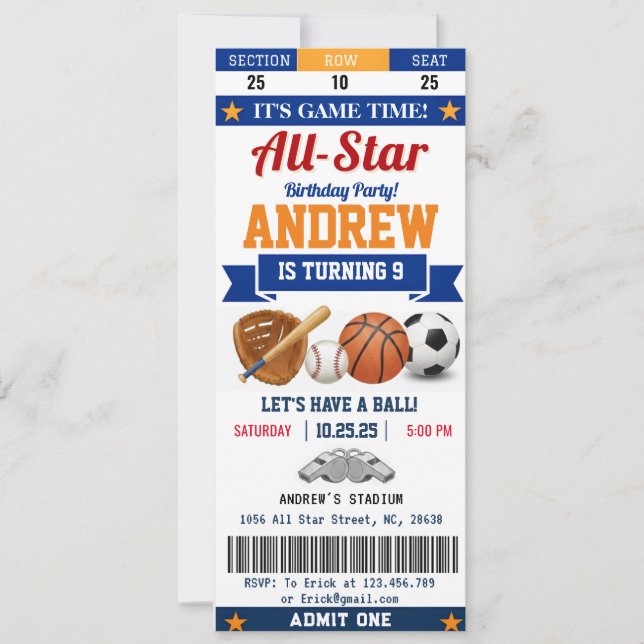 Convite Personal All Star Sport Birthday Ticket for kid (Frente)