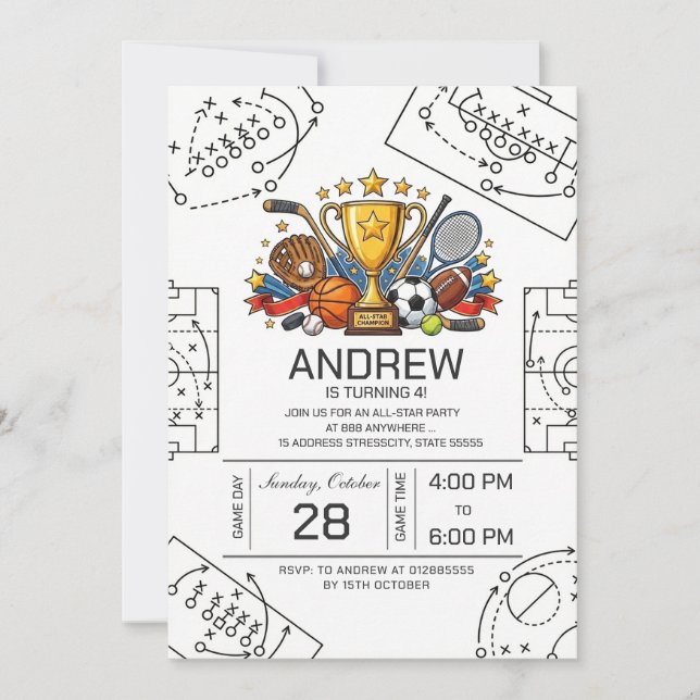 Convite Personal All Star Sports Birthday Invitation (Frente)