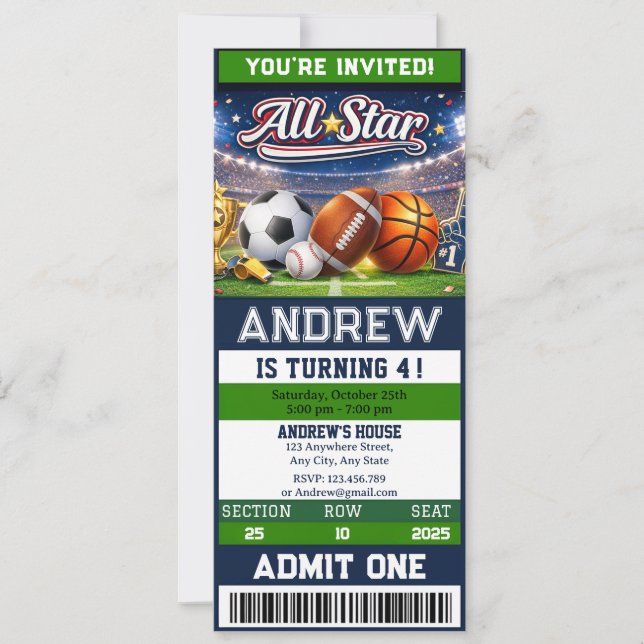 Convite Personal All Star Sports Ticket Birthday (Frente)