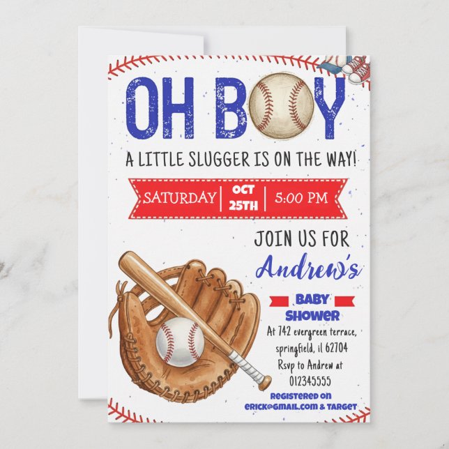 Convite Personal Baseball Baby Shower Little Slugger (Frente)