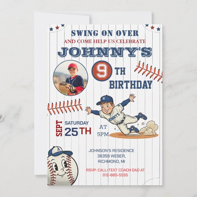 Convite Personal Baseball Birthday with Photo (Frente)