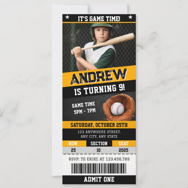 Convite Personal Baseball Ticket Birthday With Photo (Frente)