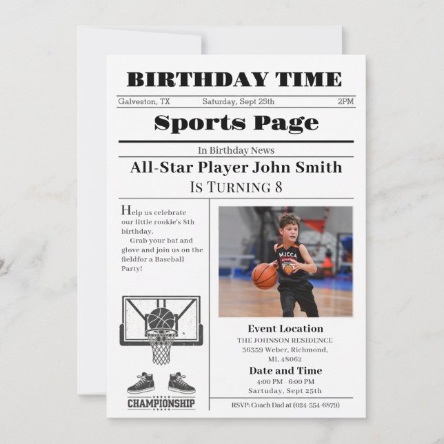 Convite Personal Basketball Birthday with Photo (Frente)