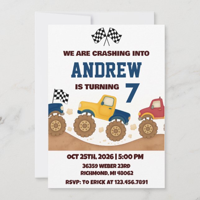 Convite Personal Boy Monster Truck Birthday Party  (Frente)