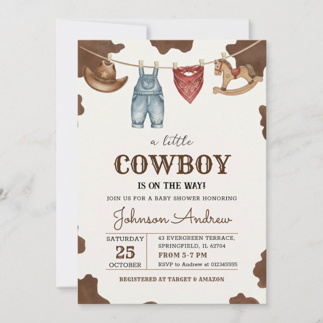 Convite Personal Brown Cowboy Baby Shower Invitation (Frente)