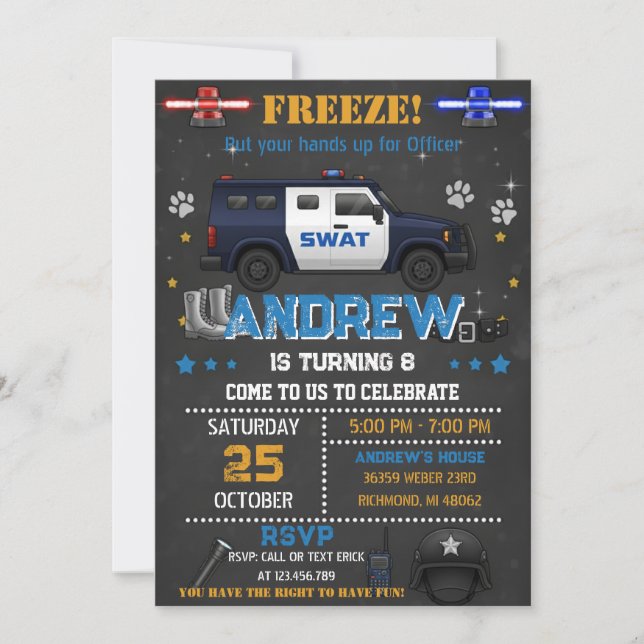 Convite Personal Cop Policeman Birthday Party for Kid (Frente)