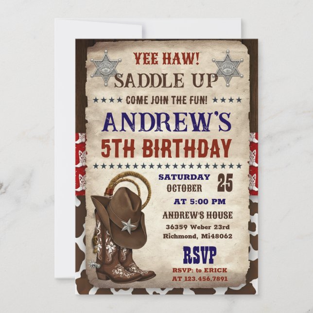 Convite Personal Country Western Cowboy Birthday (Frente)