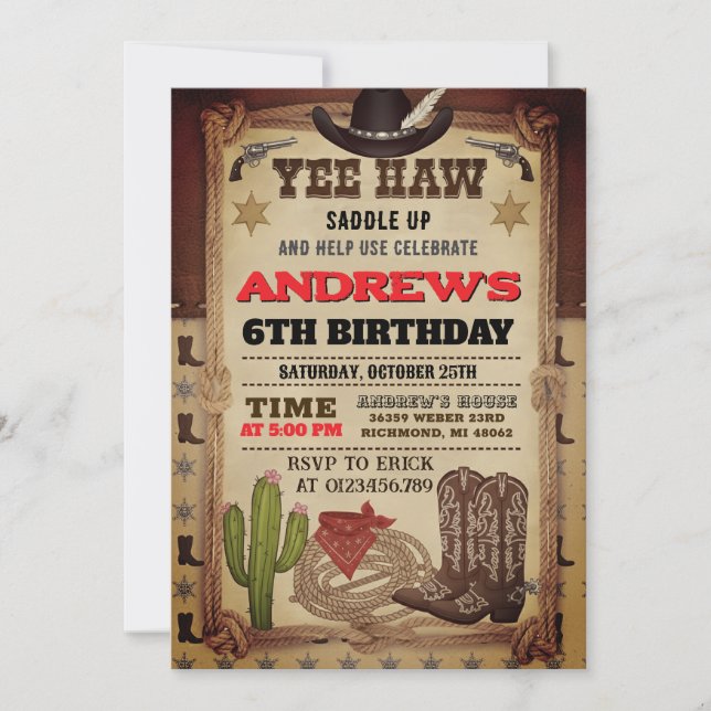 Convite Personal Cowboy Hat and Lasso Wild West Birthday (Frente)