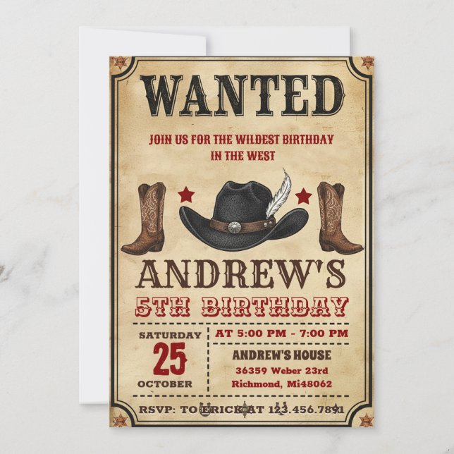 Convite Personal Cowboy Wild West Party Birthday (Frente)