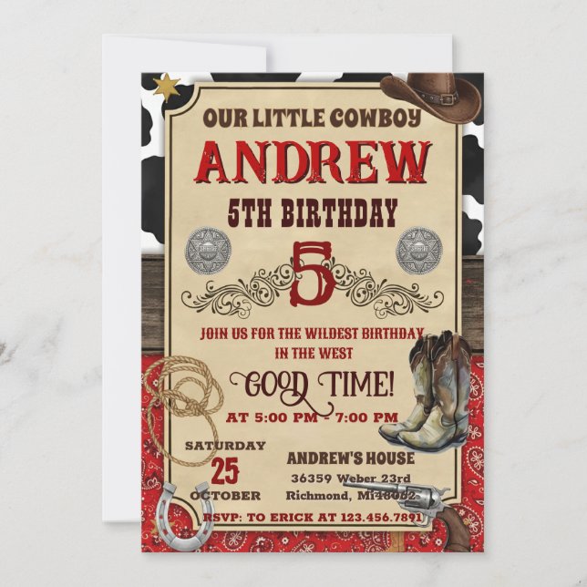 Convite Personal Cowboy Wild West Rustic Wood Birthday (Frente)
