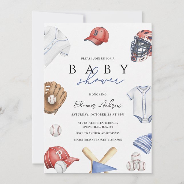 Convite Personal Digital boy Baseball Rookie Baby Shower  (Frente)