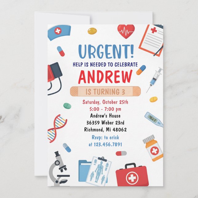 Convite Personal Digital Kids Doctor Birthday Invitation (Frente)