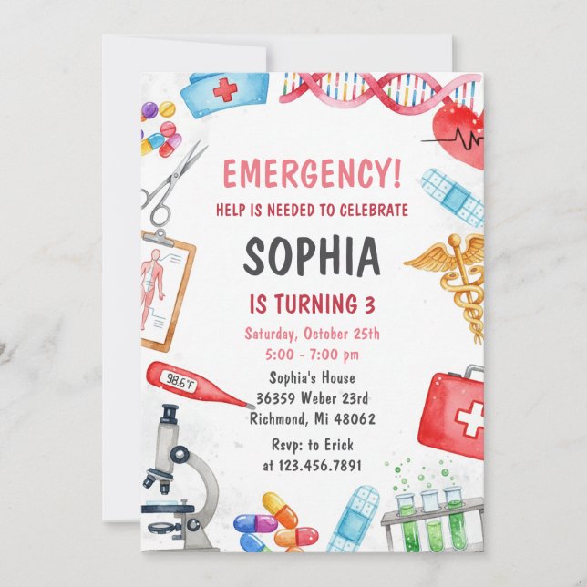 Convite Personal Digital Pink Kids Medical Birthday Party (Frente)