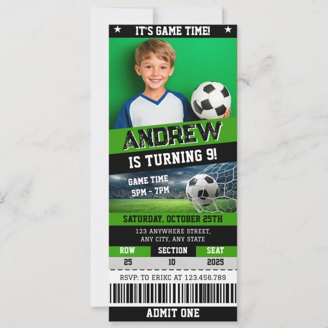 Convite Personal Digital Soccer Ticket Birthday Invitation (Frente)