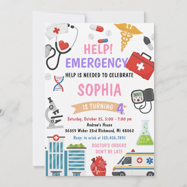 Convite Personal Girl Nurse Doctor Pretend Birthday (Frente)