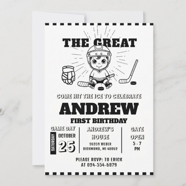Convite Personal Hockey Theme First Birthday Invitation (Frente)