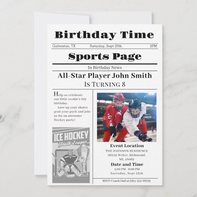 Convite Personal Ice Hockey Birthday Invitation With Photo (Frente)