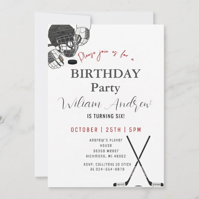 Convite Personal Minimalistic Hockey Birthday Party (Frente)
